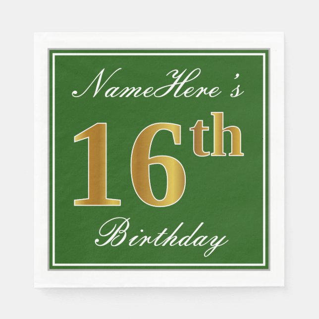 Elegant Green, Faux Gold 16th Birthday + Name Napkin (Front)