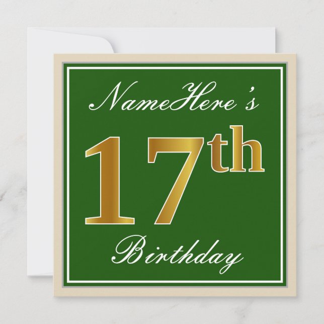 Elegant, Green, Faux Gold 17th Birthday + Name Invitation (Front)