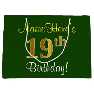 Elegant, Green, Faux Gold 19th Birthday + Name Large Gift Bag