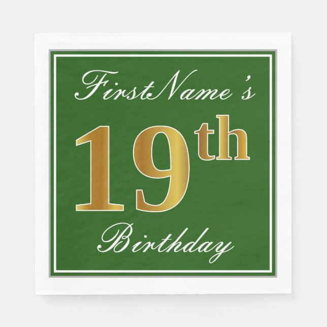Elegant Green, Faux Gold 19th Birthday + Name Napkin (Front)