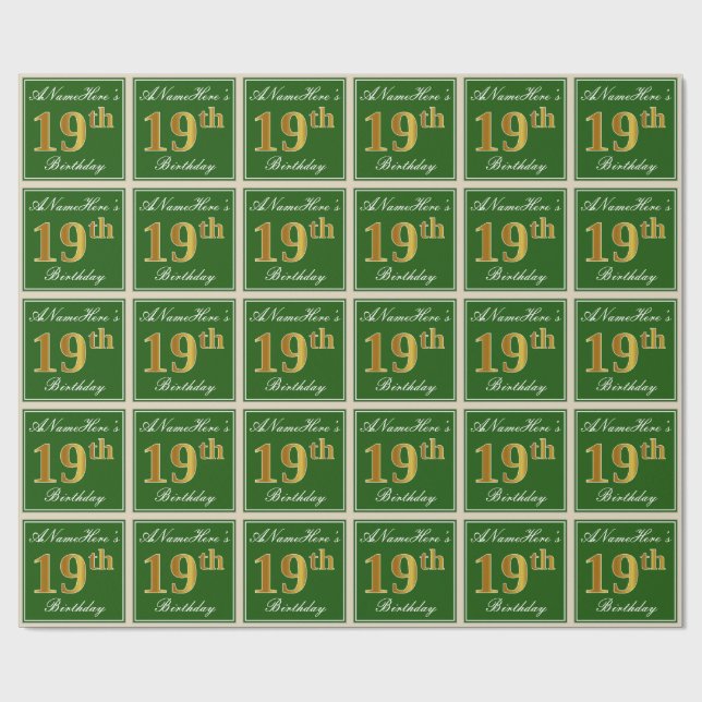 Elegant, Green, Faux Gold 19th Birthday + Name Wrapping Paper (Flat)