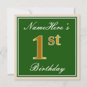Elegant, Green, Faux Gold 1st Birthday + Name Invitation