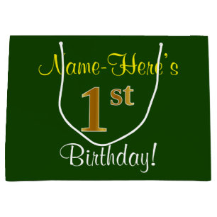 Elegant, Green, Faux Gold 1st Birthday + Name Large Gift Bag