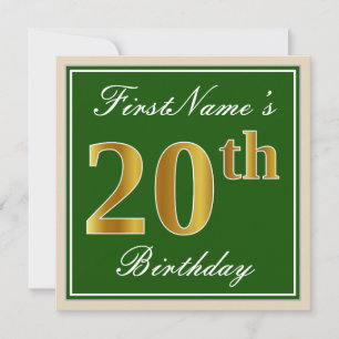 Elegant, Green, Faux Gold 20th Birthday + Name Invitation