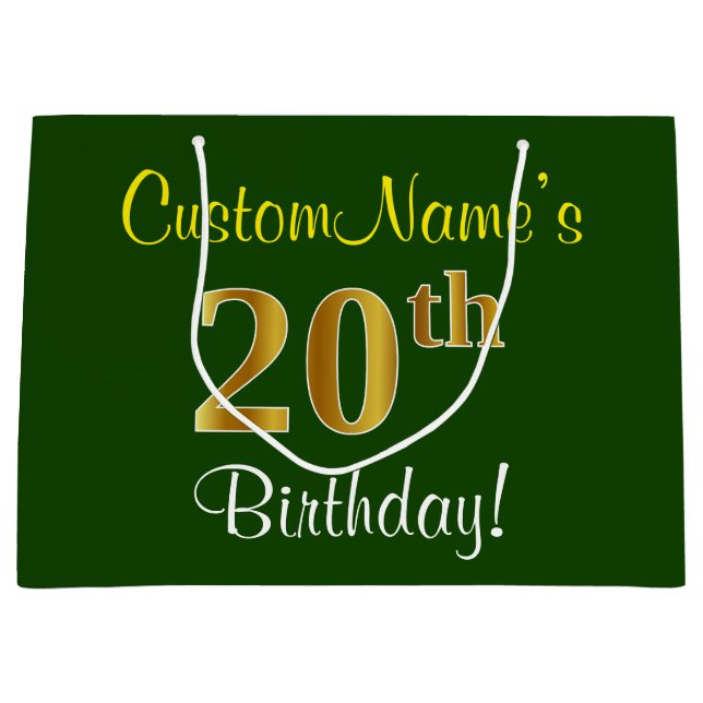 Elegant, Green, Faux Gold 20th Birthday + Name Large Gift Bag (Front)