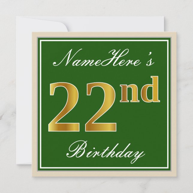 Elegant, Green, Faux Gold 22nd Birthday + Name Invitation (Front)