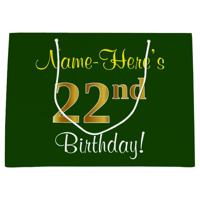 Elegant, Green, Faux Gold 22nd Birthday + Name Large Gift Bag (Front)