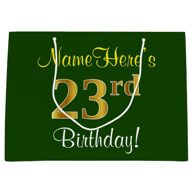 Elegant, Green, Faux Gold 23rd Birthday + Name Large Gift Bag (Front)