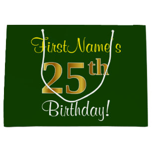 Elegant, Green, Faux Gold 25th Birthday + Name Large Gift Bag