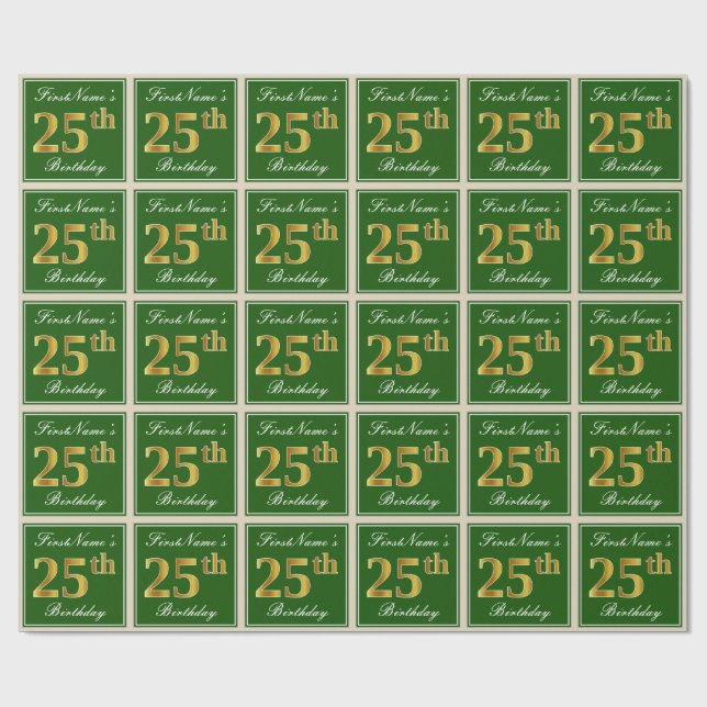 Elegant, Green, Faux Gold 25th Birthday + Name Wrapping Paper (Flat)
