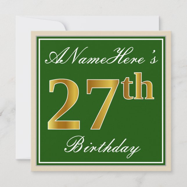 Elegant, Green, Faux Gold 27th Birthday + Name Invitation (Front)