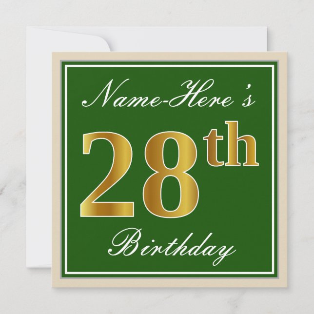 Elegant, Green, Faux Gold 28th Birthday + Name Invitation (Front)