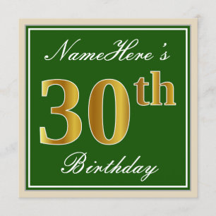 Elegant, Green, Faux Gold 30th Birthday + Name Invitation
