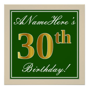 Elegant, Green, Faux Gold 30th Birthday + Name Poster