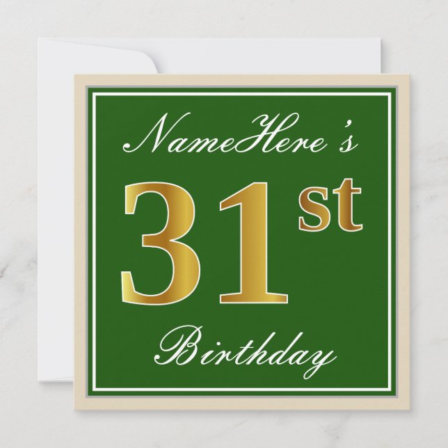 Elegant, Green, Faux Gold 31st Birthday + Name Invitation (Front)