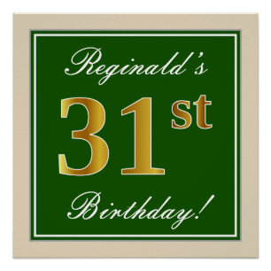 Elegant, Green, Faux Gold 31st Birthday + Name Poster