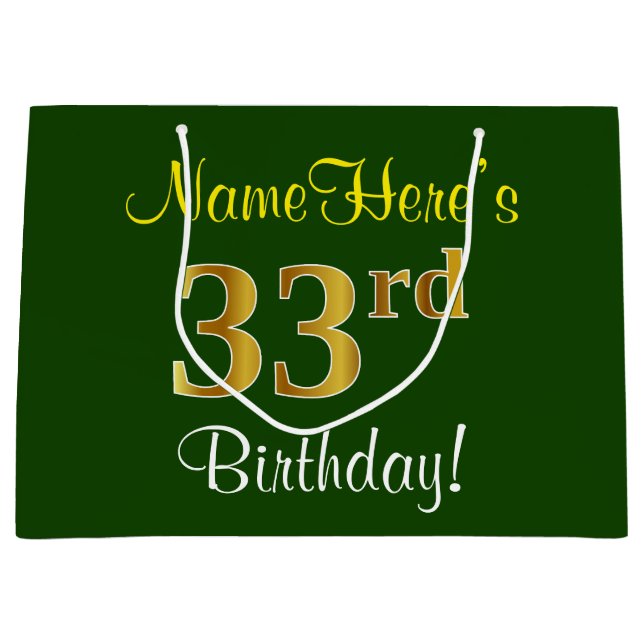 Elegant, Green, Faux Gold 33rd Birthday + Name Large Gift Bag (Front)