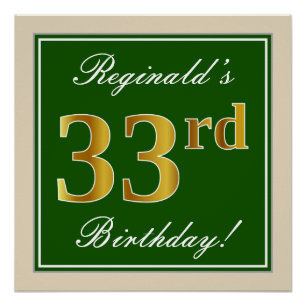 Elegant, Green, Faux Gold 33rd Birthday + Name Poster