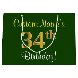 Elegant, Green, Faux Gold 34th Birthday + Name Large Gift Bag