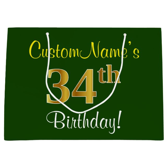 Elegant, Green, Faux Gold 34th Birthday + Name Large Gift Bag (Front)