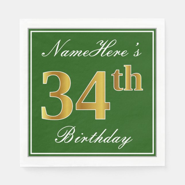 Elegant Green, Faux Gold 34th Birthday + Name Napkin (Front)