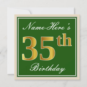 Elegant, Green, Faux Gold 35th Birthday + Name Invitation