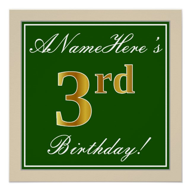 Elegant, Green, Faux Gold 3rd Birthday + Name Poster (Front)