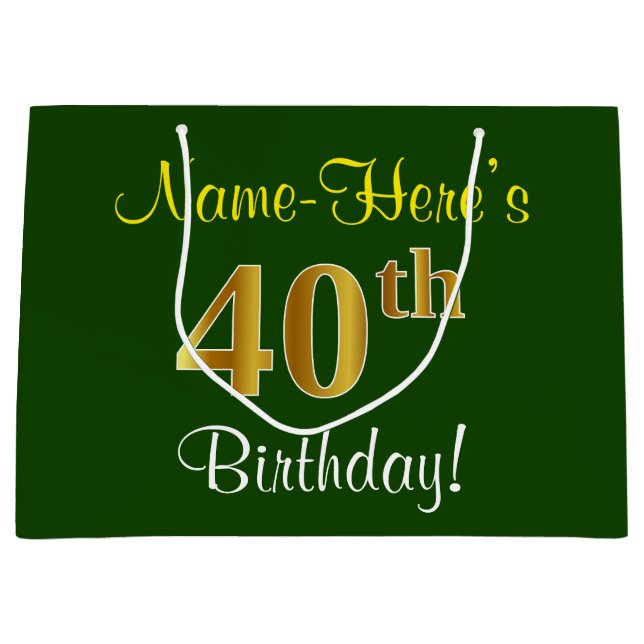 Elegant, Green, Faux Gold 40th Birthday + Name Large Gift Bag (Front)