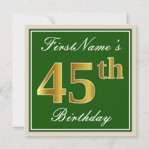 Elegant, Green, Faux Gold 45th Birthday + Name Invitation