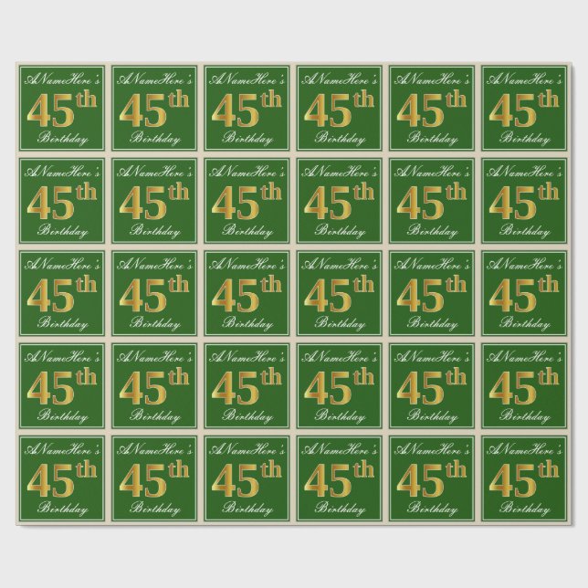 Elegant, Green, Faux Gold 45th Birthday + Name Wrapping Paper (Flat)