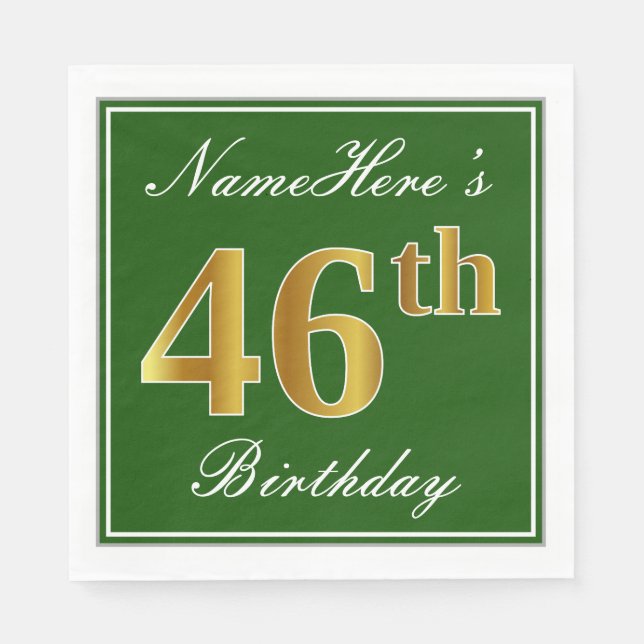 Elegant Green, Faux Gold 46th Birthday + Name Napkin (Front)