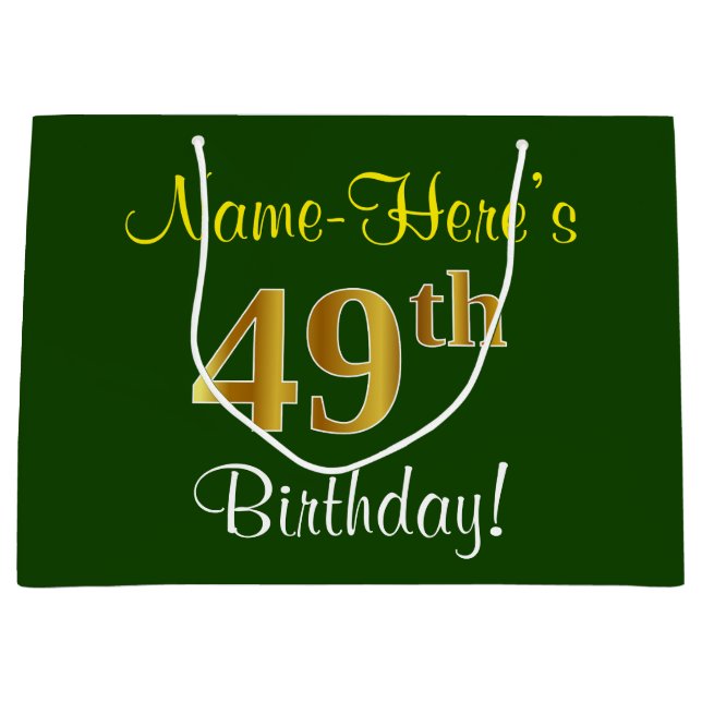 Elegant, Green, Faux Gold 49th Birthday + Name Large Gift Bag (Front)