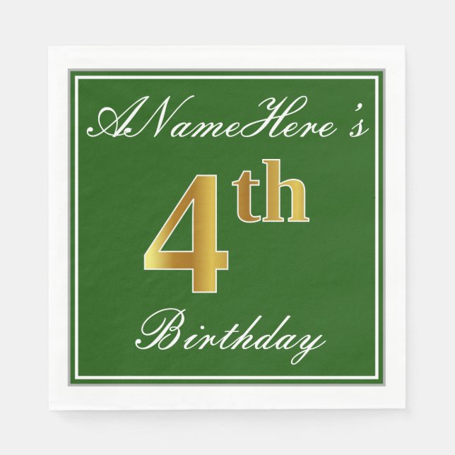 Elegant Green, Faux Gold 4th Birthday; Custom Name Napkin (Front)