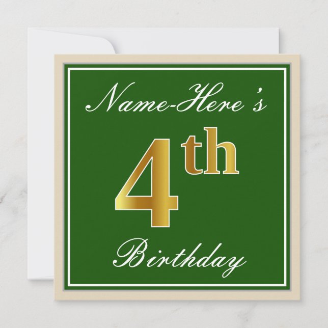 Elegant, Green, Faux Gold 4th Birthday + Name Invitation (Front)