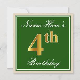Elegant, Green, Faux Gold 4th Birthday + Name Invitation