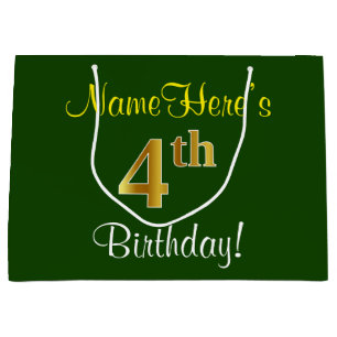 Elegant, Green, Faux Gold 4th Birthday + Name Large Gift Bag