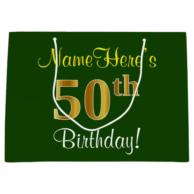 Elegant, Green, Faux Gold 50th Birthday + Name Large Gift Bag (Front)