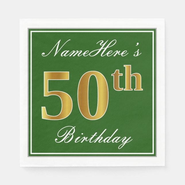 Elegant Green, Faux Gold 50th Birthday + Name Napkin (Front)