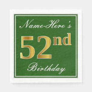 Elegant Green, Faux Gold 52nd Birthday + Name Napkin