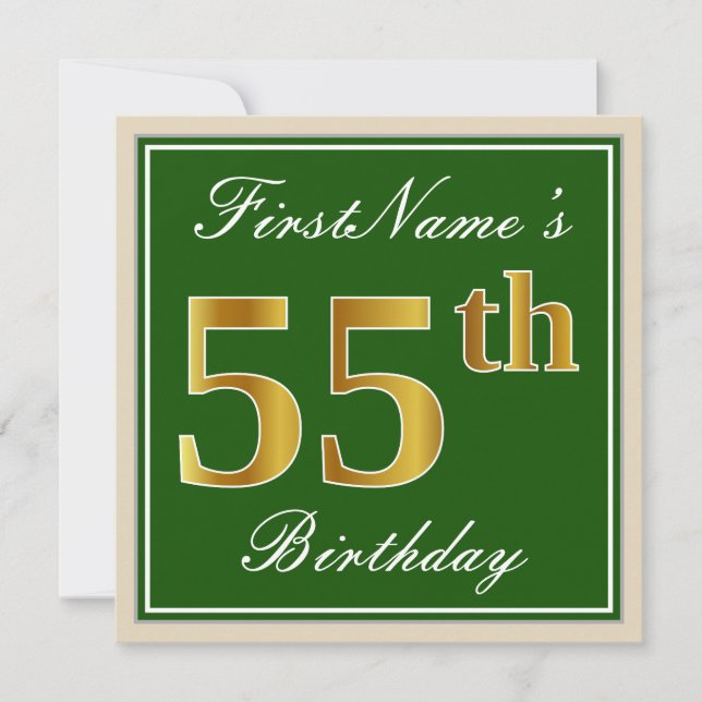 Elegant, Green, Faux Gold 55th Birthday + Name Invitation (Front)