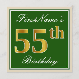 Elegant, Green, Faux Gold 55th Birthday + Name Invitation