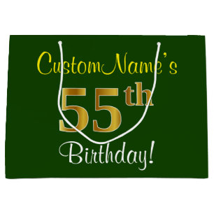 Elegant, Green, Faux Gold 55th Birthday + Name Large Gift Bag