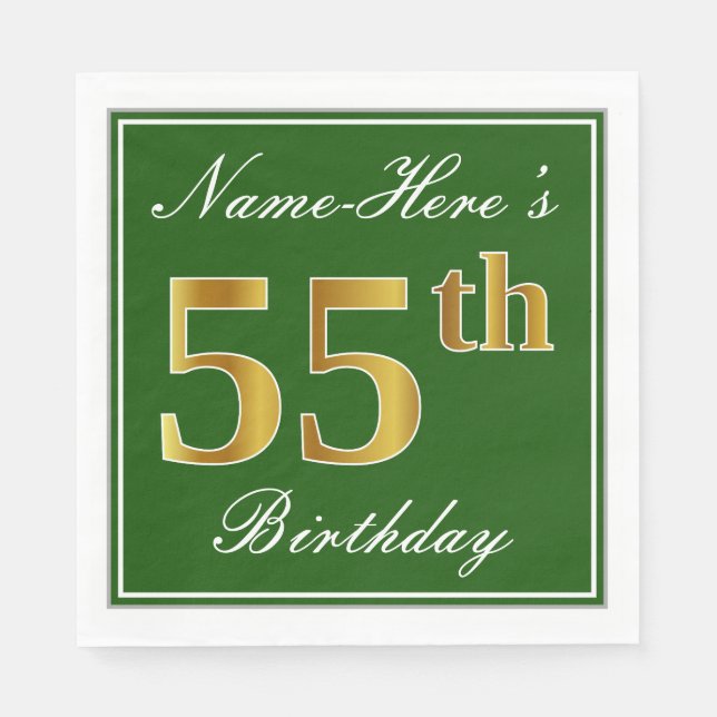 Elegant Green, Faux Gold 55th Birthday + Name Napkin (Front)