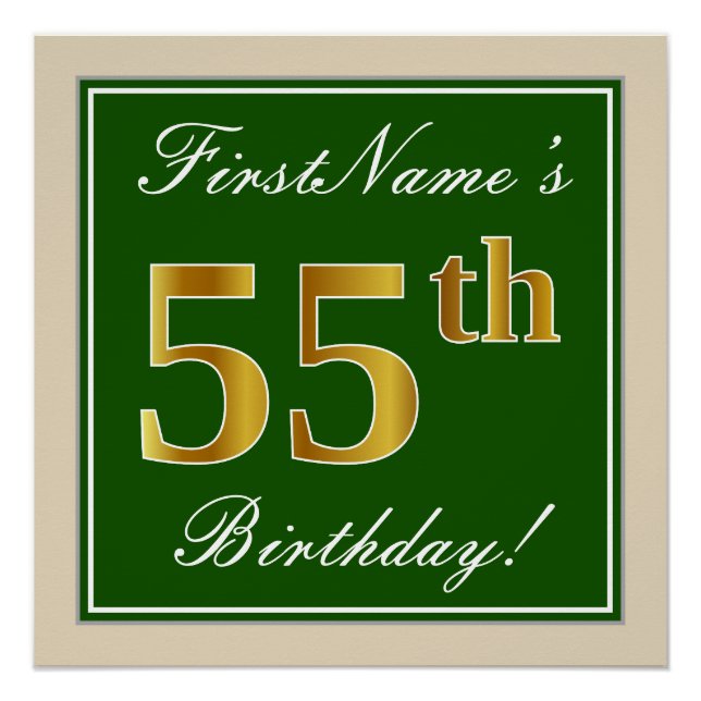 Elegant, Green, Faux Gold 55th Birthday + Name Poster (Front)