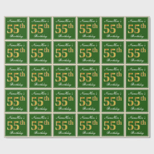 Elegant, Green, Faux Gold 55th Birthday + Name Wrapping Paper