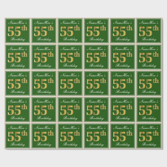 Elegant, Green, Faux Gold 55th Birthday + Name Wrapping Paper (Flat)
