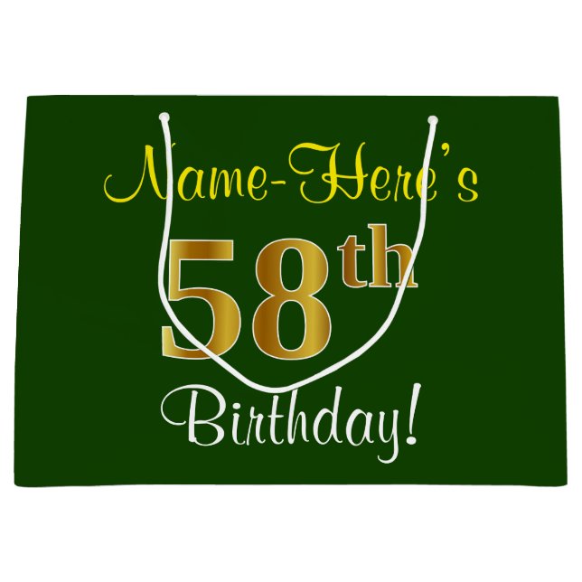 Elegant, Green, Faux Gold 58th Birthday + Name Large Gift Bag (Front)