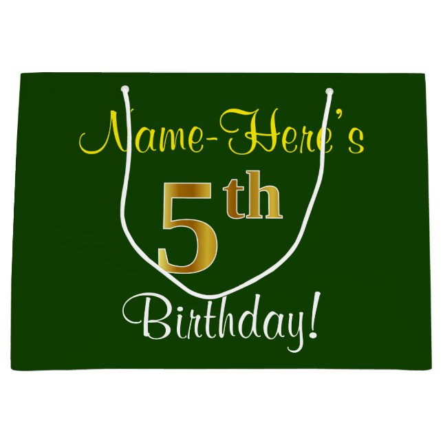 Elegant, Green, Faux Gold 5th Birthday + Name Large Gift Bag (Front)