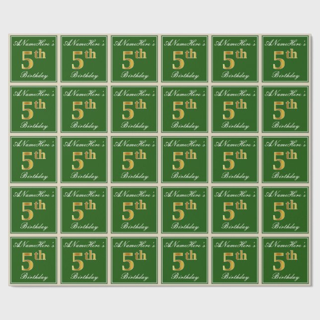 Elegant, Green, Faux Gold 5th Birthday + Name Wrapping Paper (Flat)