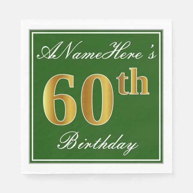 Elegant Green, Faux Gold 60th Birthday + Name Napkin (Front)